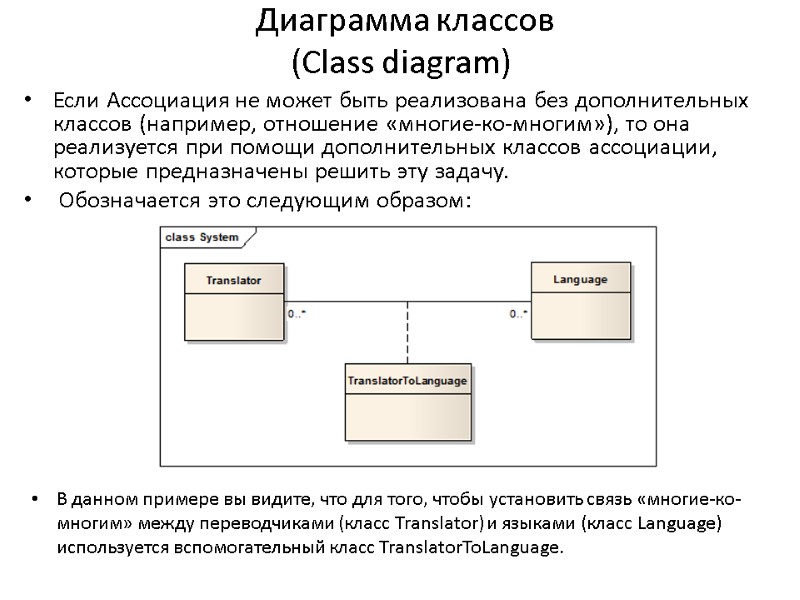 Диаграмма классов (Сlass diagram) Если Ассоциация не может быть реализована без дополнительных классов (например,